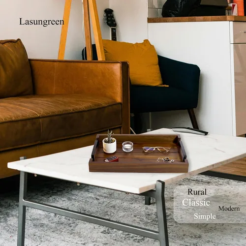 Miniatura 8 de Bandeja de madera de acacia de 17 x 11 pulgadas con mango de hierro negro. Bandeja decorativa para café, whisky, bandeja de madera para cocina, sala