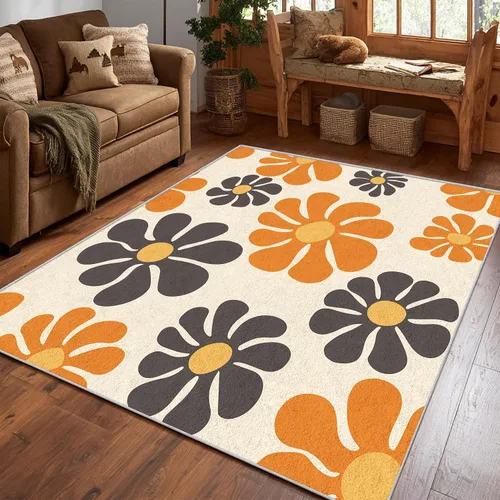 70s Retro Small Rug 2x3 Orange Floral Pattern, Washable Entryway Bedroom Kitchen Doormat, 70s Retro Decor for Home, Soft Non Slip Indoor Door Mat,