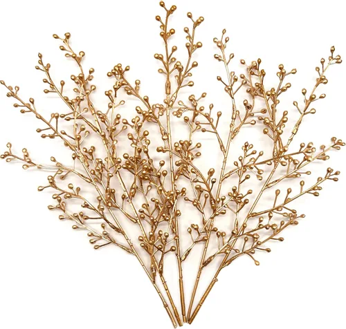 Miniatura 13 de CATTREE Plantas artificiales para decoración de Navidad, hierba de plástico dorado, hojas falsas, arbustos de simulación para interiores y Hojas