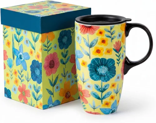 Miniatura 15 de Topadorn Tazas de Viaje de Cerámica Taza de Té Latte de Porcelana Taza de Café con Caja de Regalo, 17 oz. Jardín Rosa Rosa (PINK GARDEN)