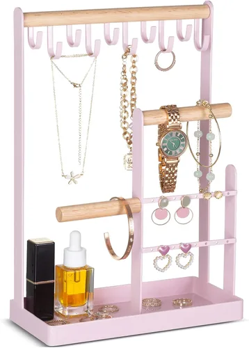 ProCase Soporte organizador de joyas, soporte para collares, estante de torre de joyería de 4 niveles con bandeja para pendientes y agujeros, 10