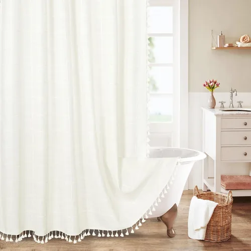 Miniatura 9 de MitoVilla Juego de cortinas de ducha estilo bohemio, modernas cortinas de ducha bohemias para decoración de baño, cortina de ducha de tela de lino