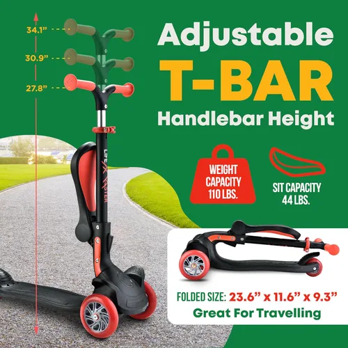 Miniatura 2 de Scooter de 3 ruedas para niños con asiento plegable, altura ajustable del manubrio, juguete de paseo inclinado para conducir para niños a partir