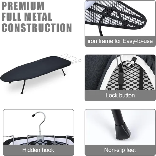 Miniatura 6 de Tioncy Tabla de planchar plegable de metal con soporte de hierro, tabla de planchar portátil de metal, pequeña con cubierta de algodón resistente al