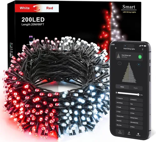 Brizled - Luces inteligentes para árbol de Navidad, 20 metros / 66 pies, 200 luces LED que cambian de color, control por aplicación y voz, Rojo y
