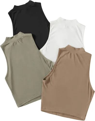 Miniatura 2 de SweatyRocks Camiseta sin mangas básica para mujer, 4 piezas, cuello alto, punto acanalado sólido