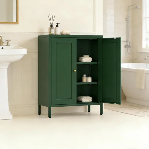 Miniatura 10 de Gabinete de Almacenamiento de Metal para Baño, Gabinete Aparador Negro con Puertas de Vidrio y Estantes Ajustables, Pequeños Gabinetes de Metal