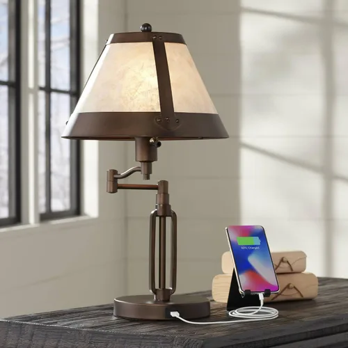 Franklin Iron Works Samuel - Lámpara de mesa rústica con brazo oscilante de 21 1/4 pulgadas de alto con puertos USB, carga A+C, pantalla de mica