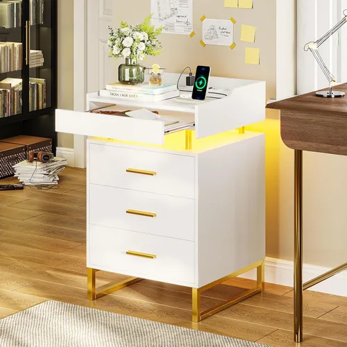 Miniatura 8 de BTHFST Mesita de noche LED con estación de carga, mesita grande con 3 cajones y 1 bandeja extraíble, mesa de noche moderna con luces LED, mesa