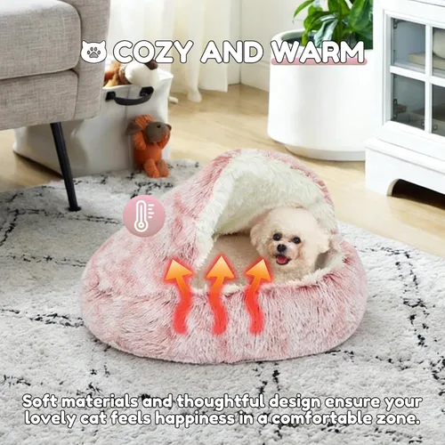 Miniatura 7 de SUOXU Cama antiansiedad para gatos, cueva de felpa con capucha, 20 pulgadas de diámetro, adecuada para mascotas pequeñas a medianas, color rosa