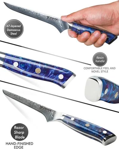 Miniatura 3 de Cuchillo de filete de 7 pulgadas, VG10 Damasco cuchillo para deshuesar peces con mango de resina - Serie Xuan (azul zafiro)