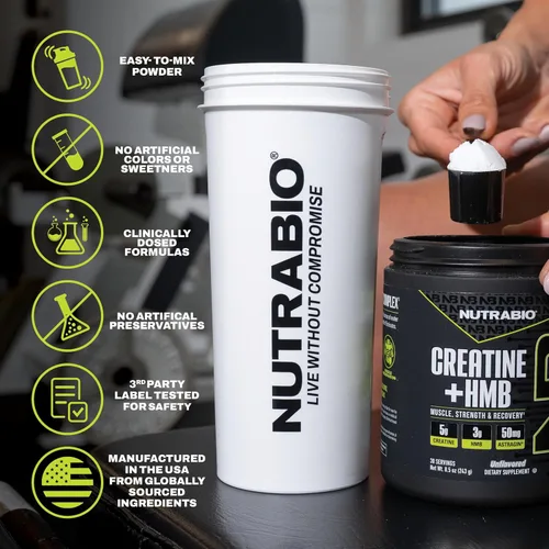 Miniatura 4 de NutraBio Creatina + HMB - Monohidrato de creatina con polvo de HMB para el crecimiento muscular, mayor fuerza - 30 porciones (sin sabor)