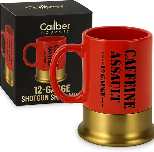 Taza de Cartucho de Escopeta de Calibre 12 – Taza de Café de Cerámica Roja Audaz con Forma de Arma | Regalo Único para Cazadores, Entusiastas de