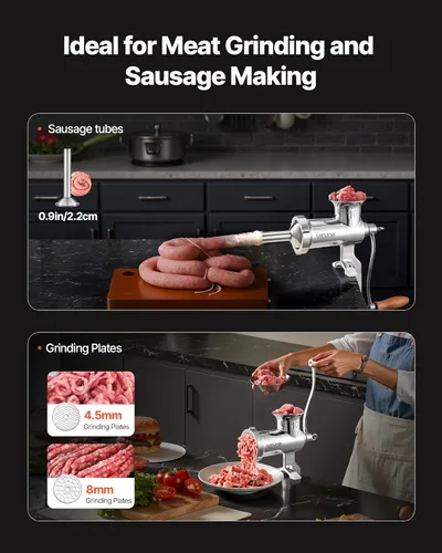 Miniatura 5 de VEVOR Picadora manual de carne de acero inoxidable, abrazadera de 1.8 pulgadas, 2 placas de molienda, relleno de salchichas, ideal para el hogar