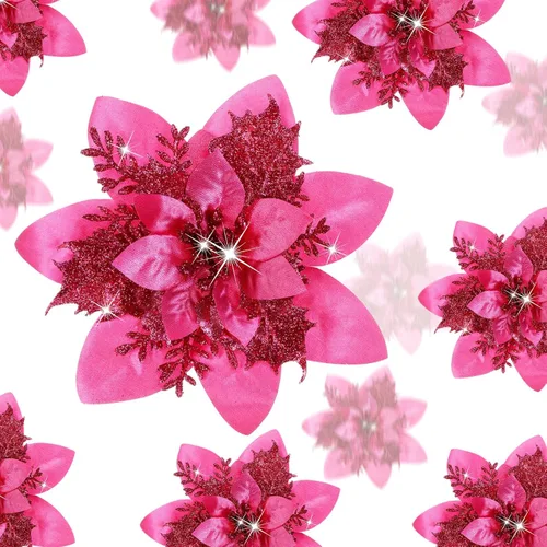 Miniatura 17 de 36 piezas de flores de Pascua artificiales con purpurina de Poinsettia para Navidad, flores de Poinsettia artificiales para bodas, decoraciones