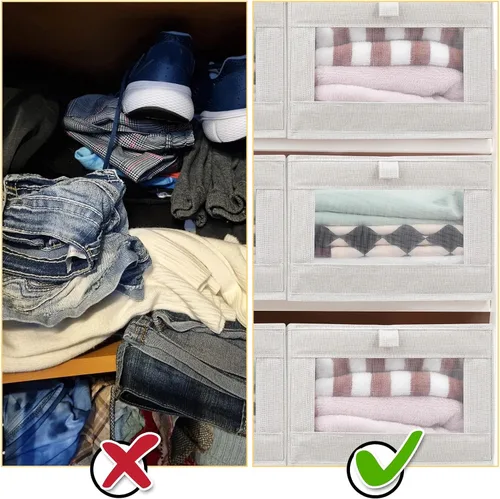 Miniatura 4 de Kigley 12 unidades de lino organizadores y almacenamiento plegables para ropa, caja plegable grande con cestas de almacenamiento de ventana