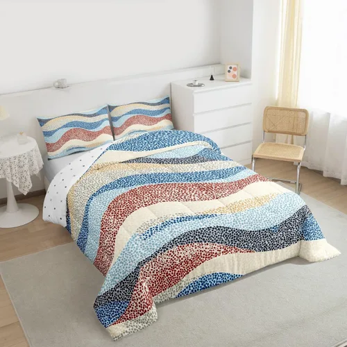 Miniatura 4 de Erosebridal Juego de ropa de cama abstracta de olas marinas tamaño Queen, juego de ropa de cama y colecciones de arte minimalista moderno, edredón