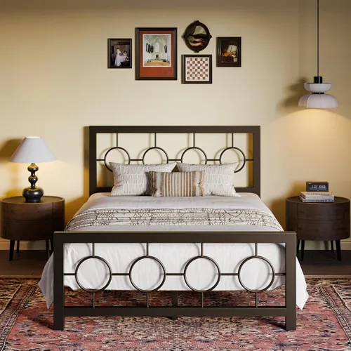 Miniatura 13 de SHA CERLIN Marco de cama de metal tamaño King con cabecera y pie de cama de diseño circular vintage, no requiere somier, fácil montaje, sin ruido