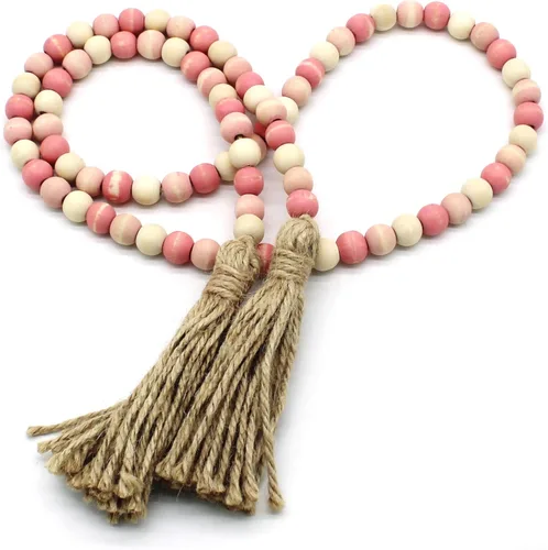 CVHOMEDECO. Guirnalda de cuentas de madera con borlas de madera rústica para decoración de festivales en el hogar. Mezcla rosa envejecida