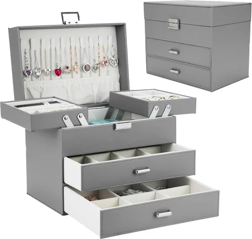Dajasan Caja organizadora de joyas, cajas de joyería para mujeres y niñas, 4 capas, caja de almacenamiento grande de joyería para aretes, anillos,