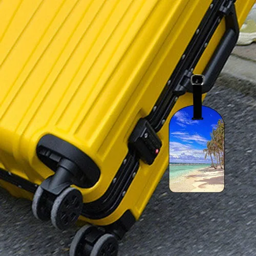 Miniatura 3 de Etiquetas de equipaje de vacaciones con nubes tropicales de playa, isla y cielo, tarjetas de equipaje de mano, de cuero, para maletas de viaje