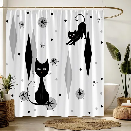 Miniatura 9 de GCTNBJL Mid Century Shower Curtain Black Cat Atomic Stars Modern Abstract Blue Black Geometric Iconic Retro 1950s 1960s Vintage 36x70(WxH) Inches