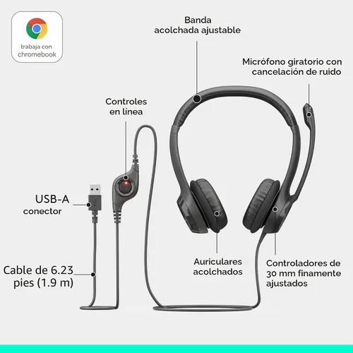Miniatura 6 de Logitech H390 Auriculares con cable con micrófono, auriculares USB-A con micrófono para PC, micrófono con cancelación de ruido para reuniones