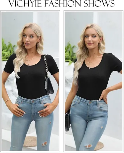 Miniatura 4 de VICHYIE Camisas de verano para mujer, cuello redondo, manga corta, acanaladas, ajustadas, casuales, básicas
