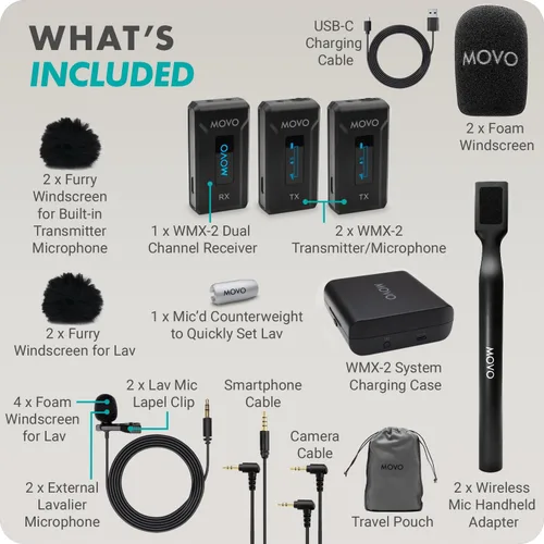 Miniatura 7 de Movo WMX-2-DUO - Sistema inalámbrico compacto de doble micrófono con soportes de extensión de mano - Mini micrófonos Lavalier inalámbricos