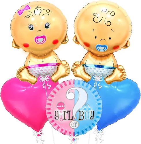 KatchOn Juego de globos de revelación de género para bebé, 27 pulgadas, 5 unidades, globos rosas y azules para decoraciones de baby shower