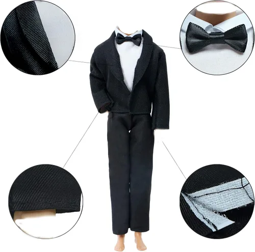 Miniatura 5 de 2 juegos de trajes formales de oficina que incluyen abrigo negro, abrigo blanco, camisa blanca con nudo de lazo, pantalones negros para novio