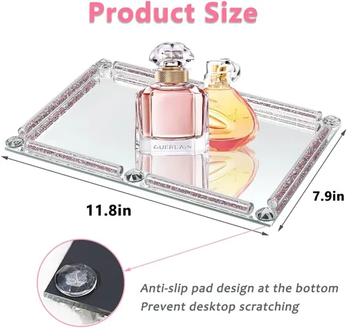 Miniatura 2 de Bandeja de perfume de cristal, bandeja de cristal rellena de diamante triturado, bandejas rectangulares de 11.8" x 7.9" para cosméticos y maquillaje