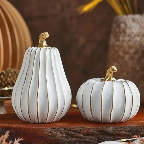 Miniatura 9 de FESTGLOX Decoración de calabaza de otoño, 2 figuras de calabaza falsas de resina de Acción de Gracias, calabazas blancas y doradas para decoración