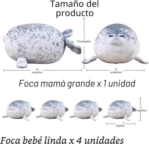 Miniatura 7 de SQEQE Chubby Seal Almohada de peluche con 4 peluches de foca de bebé en su barriga, juguete de peluche de algodón de peluche para niños y adultos