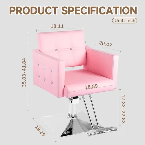 Miniatura 7 de Silla de salón rosa para estilista, silla de peluquería hidráulica ajustable en altura giratoria de 360 grados, sillón de peluquería para mujer