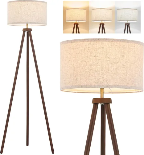 ELYONA Lámpara de pie de trípode de madera con base de latón cepillado y bombilla LED de 3 temperaturas de color, lámpara de pie vintage con