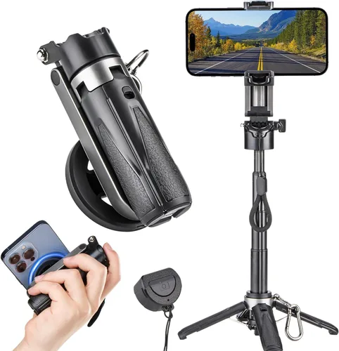 MQOUNY para soporte trípode Magsafe para iPhone, palo selfie portátil de bolsillo con control remoto recargable y anillo de metal, trípode