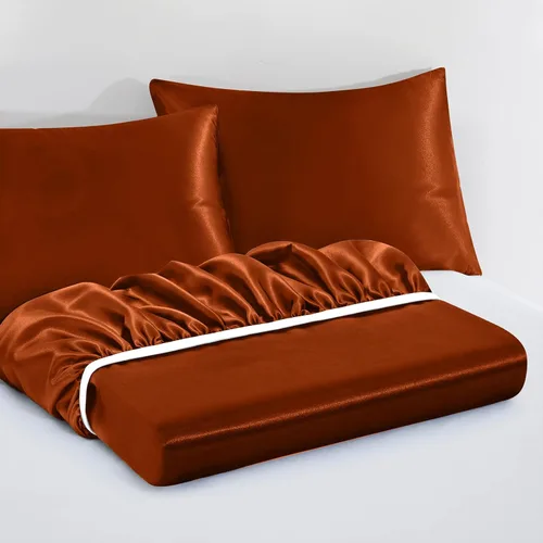 Miniatura 3 de VACVELT Juego de sábanas de satén con bolsillo extra profundo de 3 piezas, tamaño King, sábana inferior color naranja quemado, ajuste para colchones