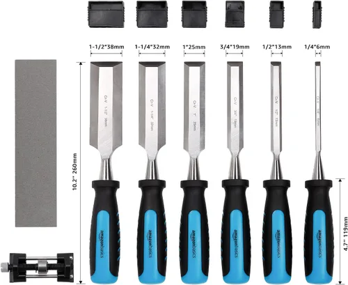 Miniatura 2 de Amazon Basics Juego de cinceles de tallado de madera de 8 piezas con guía de afilado, piedra de afilar y estuche de almacenamiento, 1/4" - 1-1/2
