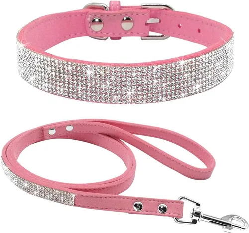 Miniatura 13 de Conjunto de Collar y Correa para Mascotas, Bonito y Deslumbrante de Ante Suave con Diamantes de Imitación de Cristal, Collar y Correa para Gatos