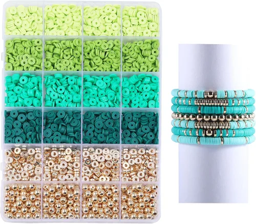 3020 cuentas de arcilla para suministros de joyería, kit de pulsera de la amistad con cuentas doradas (verde)