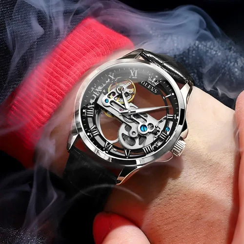 Miniatura 3 de OLEVS Relojes de esqueleto para hombre, automático, mecánico, de lujo, de cuero, impermeable, luminoso, reloj de pulsera para hombre