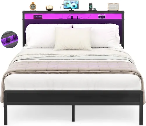 Homieasy Armazón de Cama Full Size con Cabecero, Armazón de Cama Full de Metal Industrial con Estación de Carga y Luces LED, Cama Plataforma Sin