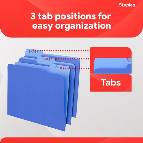 Miniatura 5 de Staples Carpetas de archivos, tamaño carta, pestañas superiores de corte 1/3, azul, papel duradero de 10.5 puntos, paquete de 100