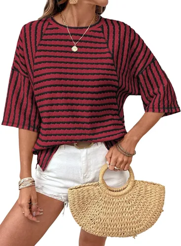 Miniatura 7 de Dokotoo Camisetas de verano para mujer, camisetas de gran tamaño para mujer, a rayas, bloques de color, manga corta, cuello redondo, blusas casuales