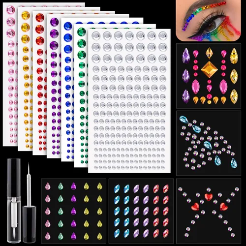 Juego de 12 hojas de calcomanías para la cara, 2 con 7 colores, diamantes de imitación autoadhesivos de forma mixta, con pegamento de maquillaje