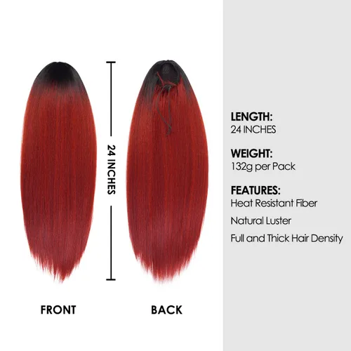 Miniatura 4 de GLAM21USA Extensión de cola de caballo Yaki recta de 24 pulgadas de largo con cordón para mujeres negras, extensión de cabello natural con clip