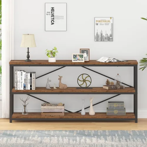 Miniatura 9 de IBF - Librero bajo rústico de 3 niveles, estantería industrial horizontal de madera, estantería larga y ancha de estilo granja de metal, estantería