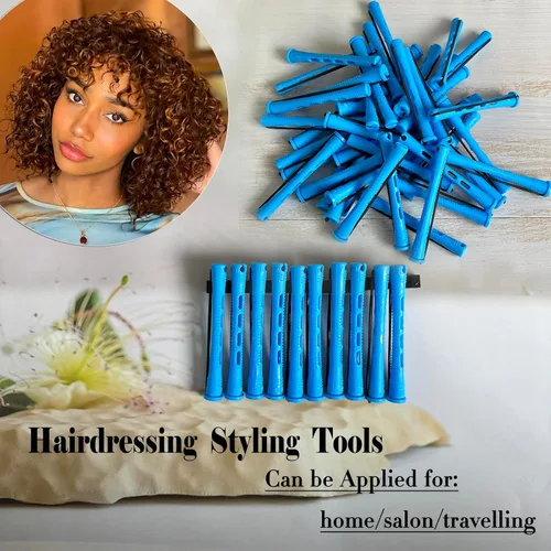 Miniatura 2 de 40 piezas de varillas para permanente para cabello natural, varillas de plástico azul para ondas frías, rodillos para rizar el cabello con peine