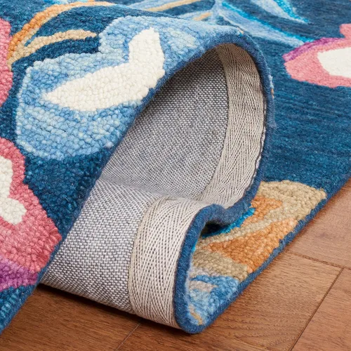 Miniatura 4 de SAFAVIEH Jardin Collection Alfombra de pasillo, 2 pies 3 pulgadas x 8 pies, azul y rosa, lana floral hecha a mano, ideal para zonas de alto tráfico